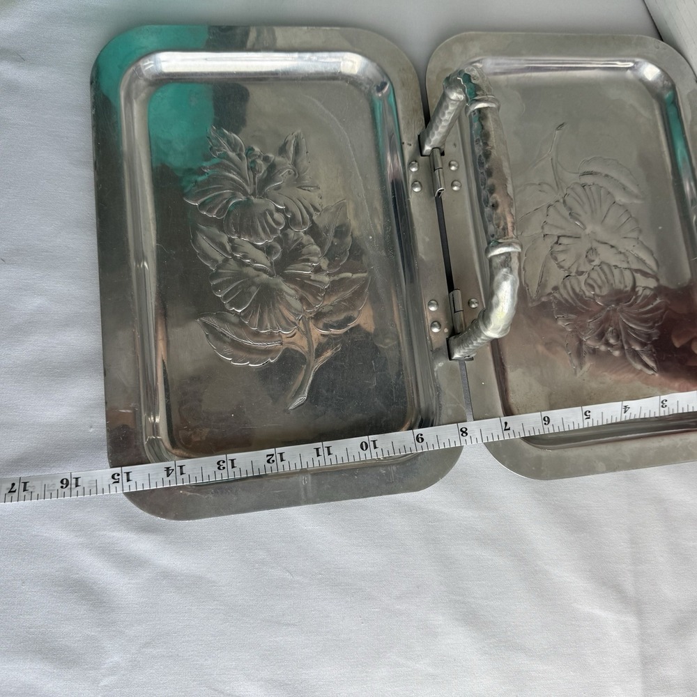 Vintage Aluminum Floral Hinged Serving Tray Folding MCM Mid Century Mod Hammered - Picture 8 of 9